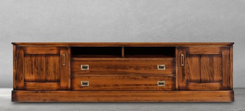 Casa Padrino Luxus Vintage Stil TV Schrank Braun / Messing 204 x 52 x H. 54,5 cm - Vintage Stil Sideboard mit 2 Türen und 2 Schubladen - Vintage Stil Wohnzimmer Möbel - Luxus Wohnzimmer Möbel