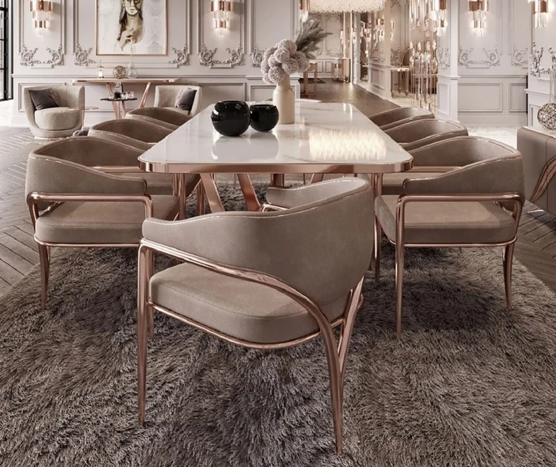 Casa Padrino Luxus Esszimmer Stuhl Set mit Armlehnen Grau / Kupfer 60 x 59,8 x H. 80 cm - Küchen Stühle 8er Set - Esszimmer Möbel - Restaurant Möbel - Luxus Möbel - Luxus Einrichtung
