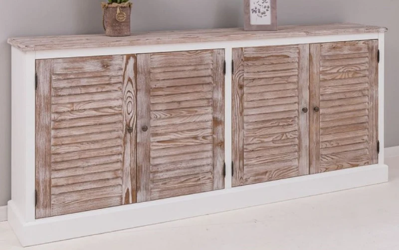Casa Padrino Landhausstil Sideboard Weiß / Naturfarben 209 x 37 x H. 90 cm - Massivholz Schrank mit 4 Türen - Massivholz Möbel - Esszimmer Möbel - Landhausstil Möbel