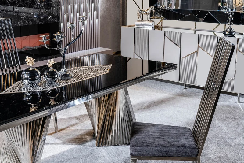 Casa Padrino Luxus Esstisch Schwarz / Silber 200 x 100 x H. 76 cm - Rechteckiger Esszimmertisch mit Glasplatte - Esszimmer Möbel - Luxus Möbel - Luxus Esszimmer Einrichtung