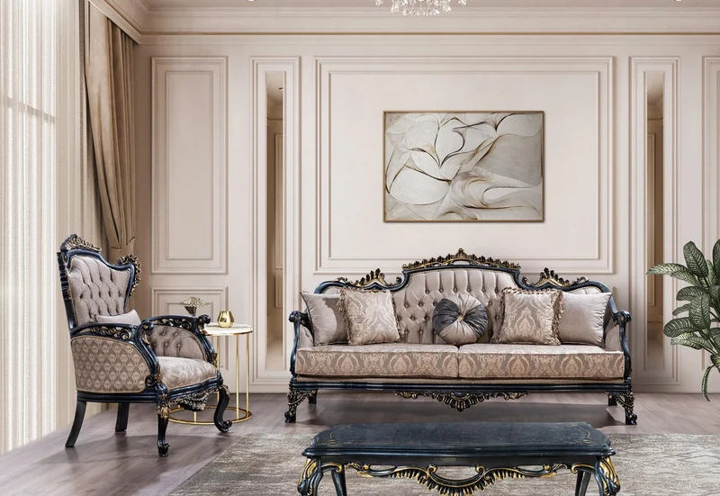 Casa Padrino Luxus Barock Sofa Grau / Blau / Gold - Barockstil Wohnzimmer Sofa mit elegantem Muster - Luxus Wohnzimmer Möbel im Barockstil - Barock Möbel - Barock Einrichtung