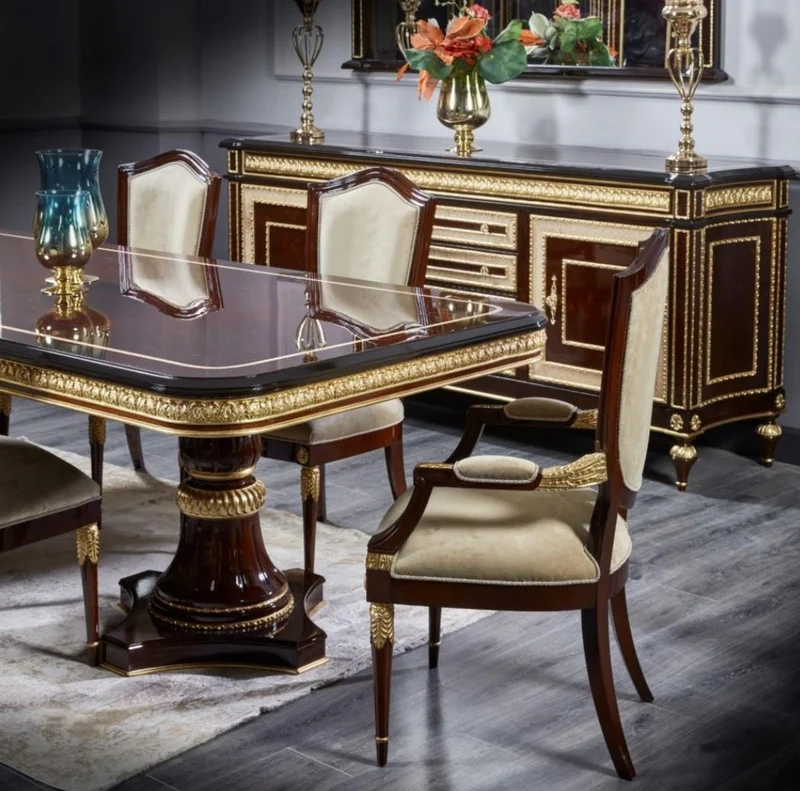 Casa Padrino Luxus Barock Esstisch Dunkelbraun / Gold - Handgefertigter Massivholz Esszimmertisch - Luxus Esszimmer Möbel im Barockstil - Barock Möbel - Barock Einrichtung