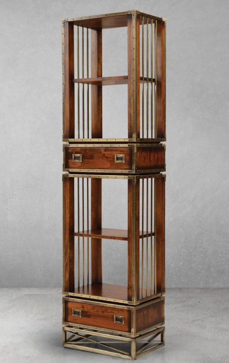 Casa Padrino Luxus Vintage Stil Regalschrank Braun / Messing 52,5 x 35 x H. 200,5 cm - Vintage Stil Bücherschrank mit 2 Schubladen - Luxus Wohnzimmer Massivholz Möbel im Vintage Stil