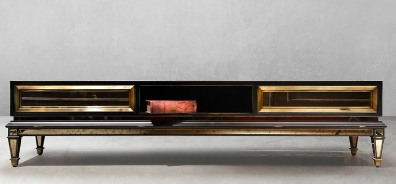Casa Padrino Luxus Art Deco TV Schrank Schwarz / Gold / Messing 204 x 46 x H. 52,5 cm - Wohnzimmer Sideboard mit 2 Schubladen - Art Deco Möbel - Wohnzimmer Möbel - Luxus Möbel