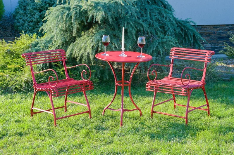 Casa Padrino Jugendstil Schmiedeeisen Garten Möbel Set Rot - 1 Runder Garten Bistrotisch & 4 Garten Stühle mit Armlehnen - Barock & Jugendstil Garten Möbel - Nostalgische Garten Möbel