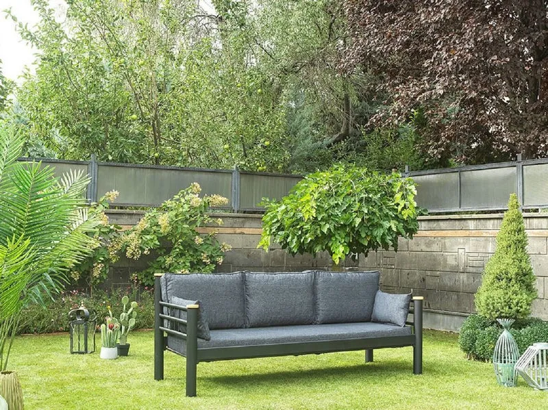 Casa Padrino Jugendstil Gartensofa Anthrazit / Grau / Naturfarben 200 x 70 x H. 85 cm - Metall Garten Sofa mit Kissen - Terrassen Sofa - Garten Möbel - Terrassen Möbel - Jugendstil Möbel