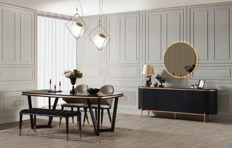 Casa Padrino Luxus Esszimmer Set Grau / Schwarz / Kupfer - 1 Ausziehbarer Luxus Esszimmertisch & 6 Luxus Esszimmerstühle mit Armlehnen - Esszimmer Möbel - Restaurant Möbel - Luxus Möbel