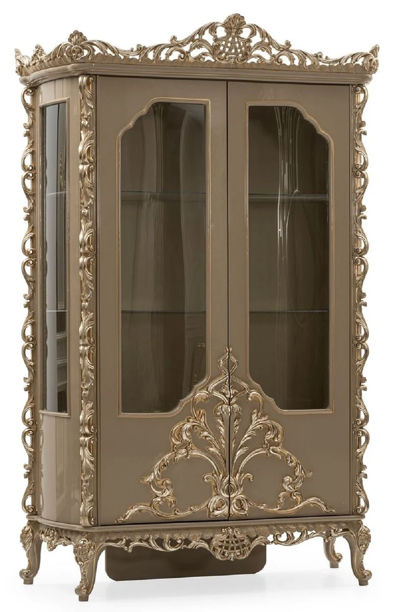 Casa Padrino Luxus Barock Vitrine Grau / Gold - Prunkvoller Massivholz Vitrinenschrank mit 2 Türen - Luxus Möbel im Barockstil - Barock Möbel - Edel & Prunkvoll