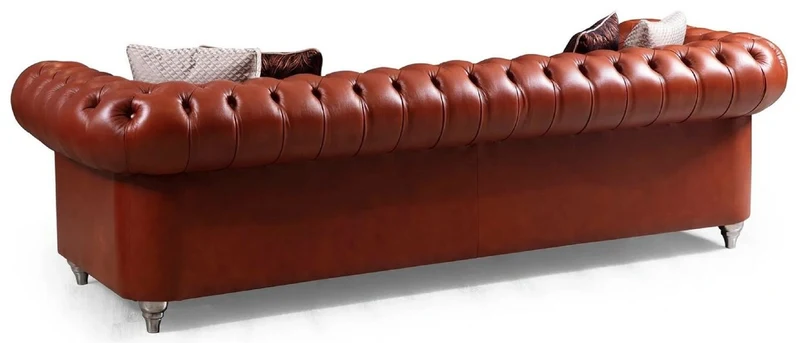 Casa Padrino Luxus Chesterfield Kunstleder Sofa Braun / Silber 270 x 100 x H. 70 cm - Wohnzimmer Sofa - Wohnzimmer Möbel - Chesterfield Möbel - Luxus Möbel - Luxus Einrichtung
