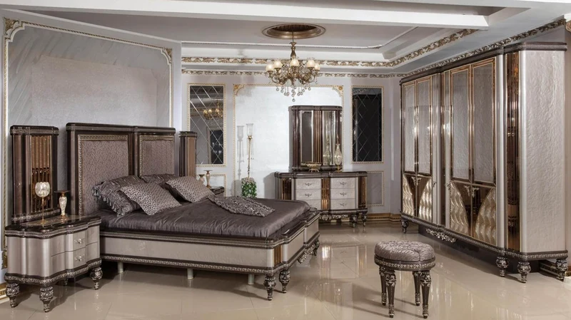 Casa Padrino Luxus Barock Schlafzimmer Set Grau / Dunkelbraun / Gold - 1 Barock Doppelbett mit Kopfteil & 2 Barock Nachtkommoden - Luxus Schlafzimmer Möbel im Barockstil - Barock Interior