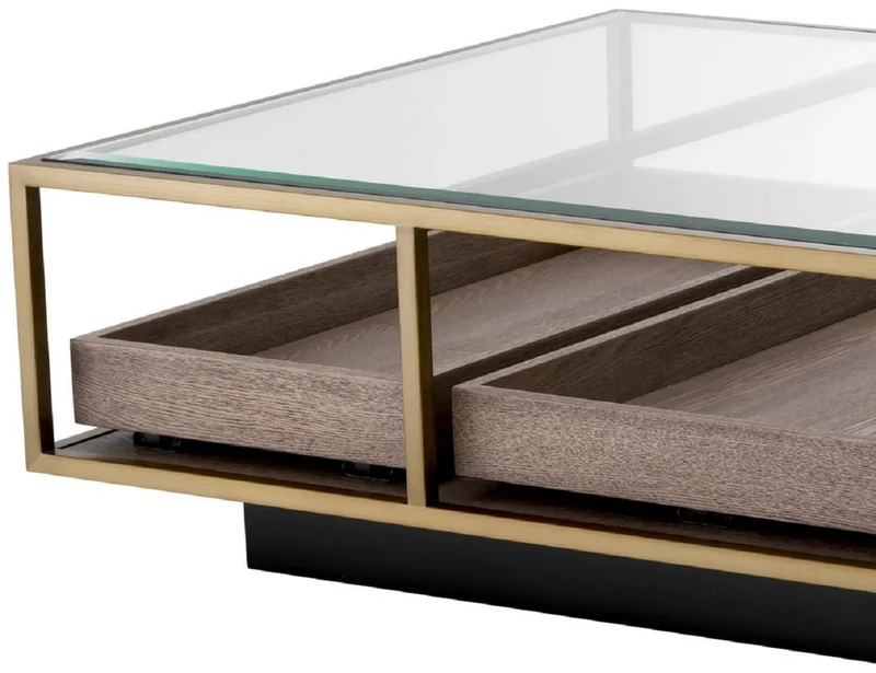 Casa Padrino Luxus Couchtisch Messing / Grau / Schwarz 180 x 90 x H. 37 cm - Rechteckiger Wohnzimmertisch mit Glasplatte - Hotel Tisch - Wohnzimmer Möbel - Hotel Möbel - Luxus Möbel