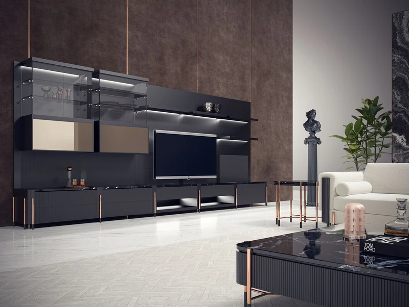 Casa Padrino Luxus TV Schrank Matt Schwarz / Schwarz / Kupfer 452 x 47 x H. 202 cm - Wohnzimmer Schrank mit LED Beleuchtung - Wohnzimmer Möbel - Hotel Möbel - Luxus Möbel