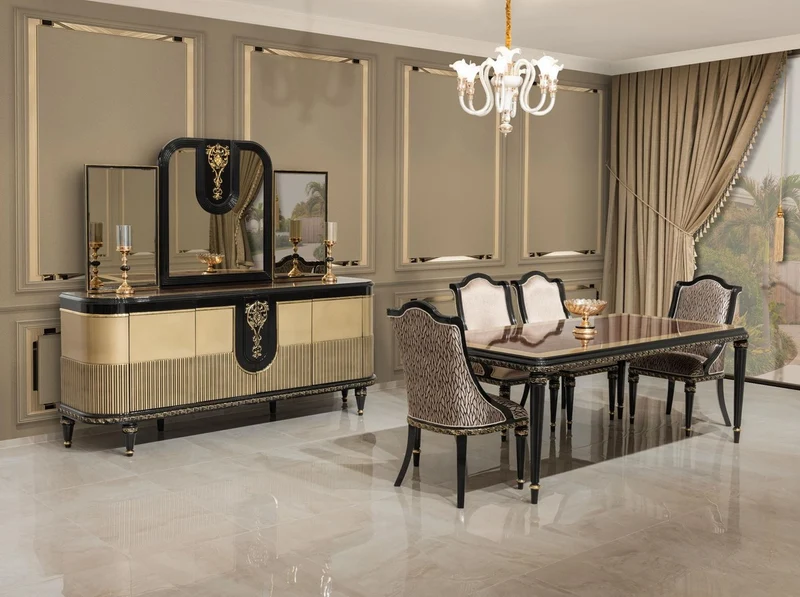 Casa Padrino Luxus Barock Esszimmer Stuhl 6er Set Silber Muster / Schwarz / Gold - Prunkvolle Barockstil Küchen Stühle - Luxus Barockstil Esszimmer Möbel - Barock Esszimmer Möbel - Barockstil Möbel