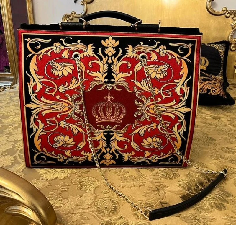 Pompöös by Casa Padrino Luxus Damen Handtasche Krone und Glitzersteine Rot / Schwarz / Gold 43 x H. 43 cm - designed by Harald Glööckler