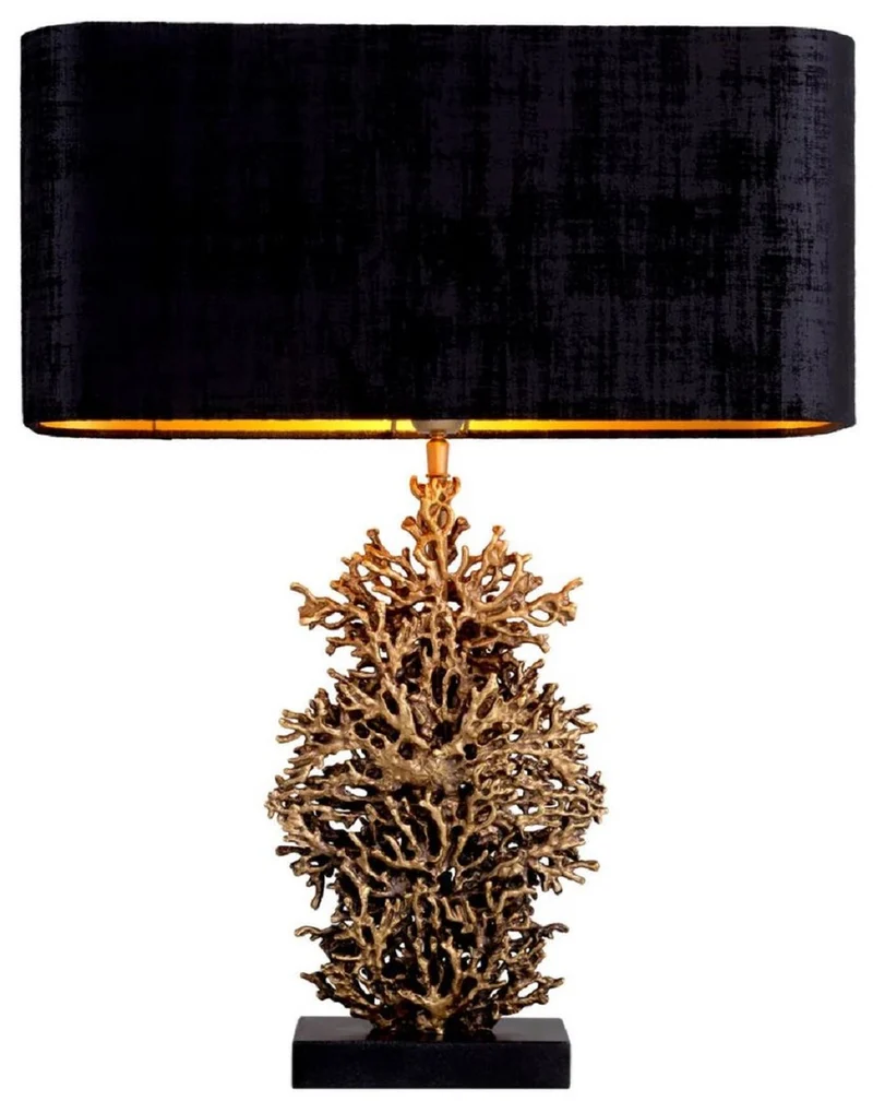 Casa Padrino Luxus Tischleuchte Vintage Messing / Schwarz 50 x 22 x H. 68,5 cm - Schreibtischleuchte mit Lampenschirm und Granitsockel - Luxus Tischleuchten - Luxus Schreibtischleuchten