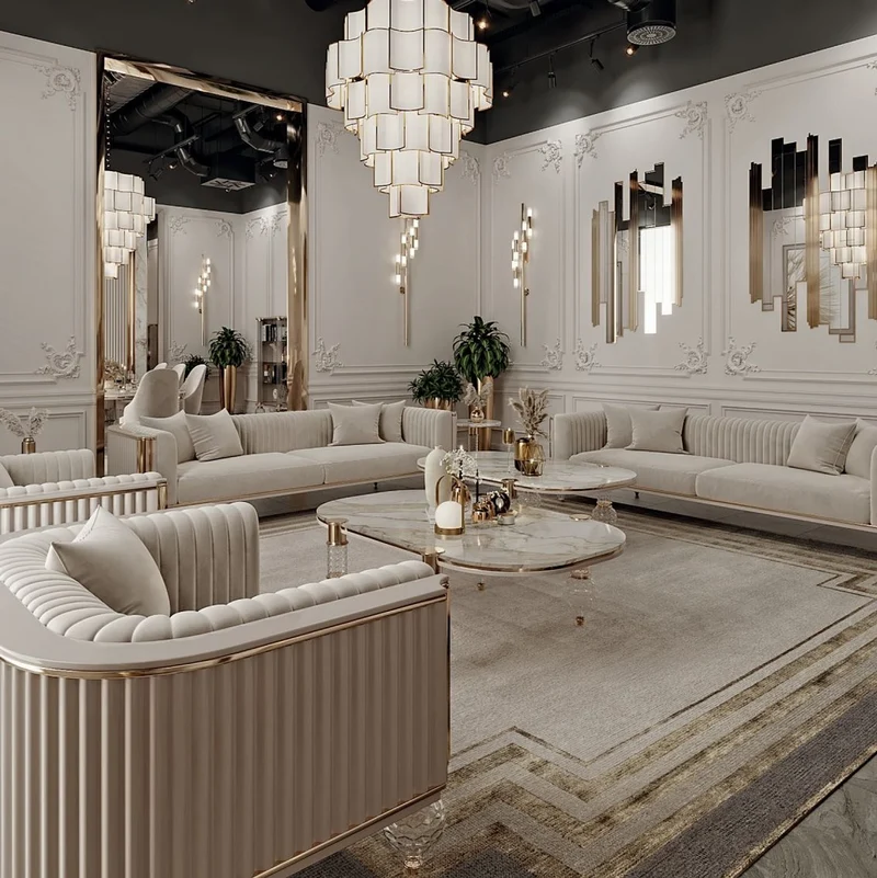 Casa Padrino Luxus Art Deco Couchtisch Weiß / Grau / Gold 120 x 70 x H. 49 cm - Wohnzimmertisch mit edler Kunstmarmor Tischplatte - Art Deco Wohnzimmer Möbel - Luxus Wohnzimmer Möbel