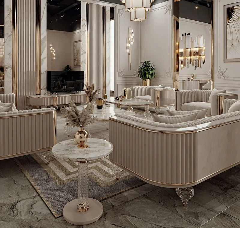 Casa Padrino Luxus Art Deco Couchtisch Weiß / Grau / Gold 120 x 70 x H. 49 cm - Wohnzimmertisch mit edler Kunstmarmor Tischplatte - Art Deco Wohnzimmer Möbel - Luxus Wohnzimmer Möbel