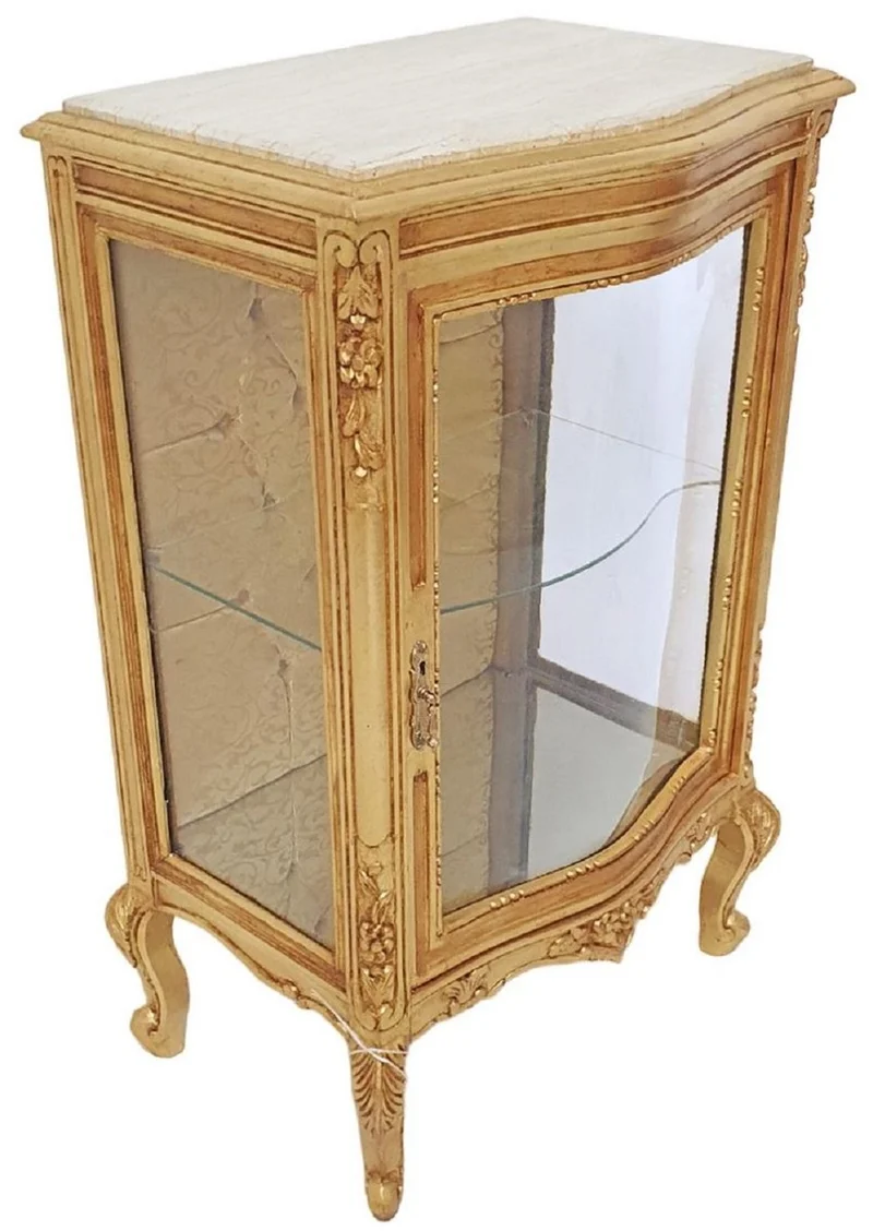 Casa Padrino Barock Vitrine Gold / Creme - Handgefertigter Massivholz Vitrinenschrank mit Glitzersteinen und Marmorplatte - Wohnzimmer Möbel im Barockstil - Barock Möbel