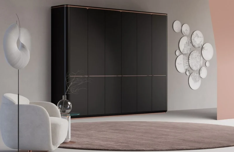 Casa Padrino Luxus Schlafzimmerschrank Schwarz / Kupfer 280 x 62 x H. 238 cm - Massivholz Kleiderschrank mit 6 Türen - Schlafzimmer Möbel - Hotel Möbel - Luxus Möbel