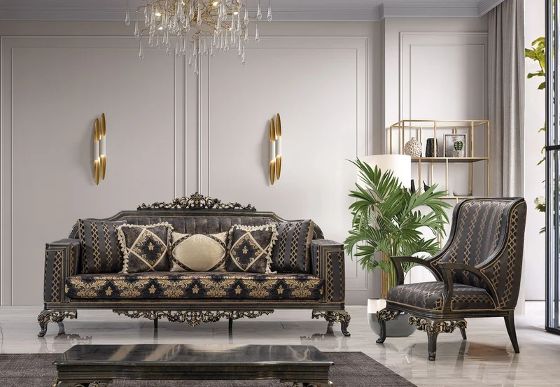 Casa Padrino Luxus Barock Wohnzimmer Set Lila / Grau / Gold - 2 Barock Sofas & 2 Barock Sessel & 1 Barock Couchtisch - Luxus Wohnzimmer Möbel im Barockstil - Barock Möbel - Edel & Prunkvoll