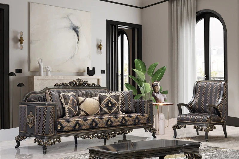 Casa Padrino Luxus Barock Wohnzimmer Set Lila / Grau / Gold - 2 Barock Sofas & 2 Barock Sessel & 1 Barock Couchtisch - Luxus Wohnzimmer Möbel im Barockstil - Barock Möbel - Edel & Prunkvoll