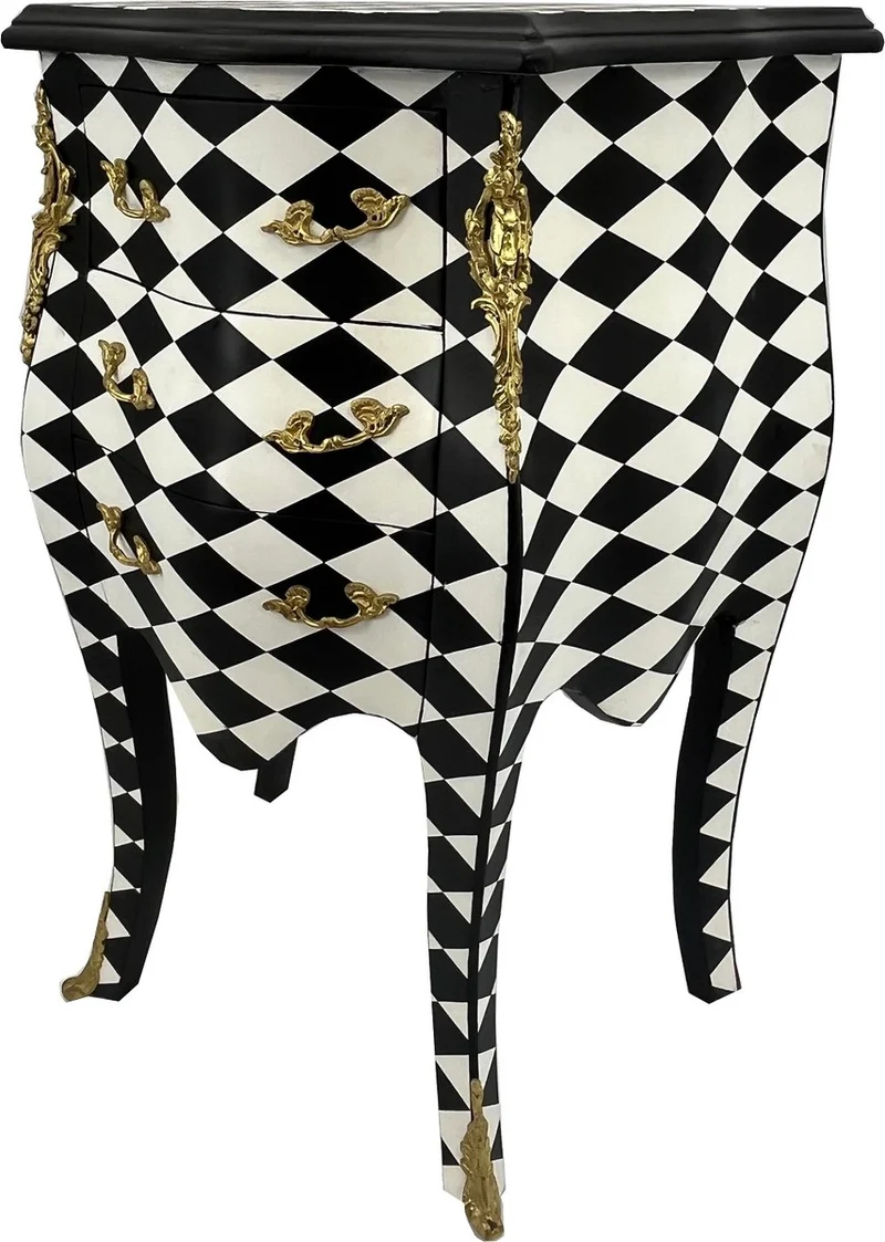 Casa Padrino Barock Kommode Karo Design Schwarz / Weiß / Gold - Handgefertigte Barockstil Nachtkommode mit 3 Schubladen - Barock Möbel - Schlafzimmer Möbel im Barockstil - Edel & Prunkvoll
