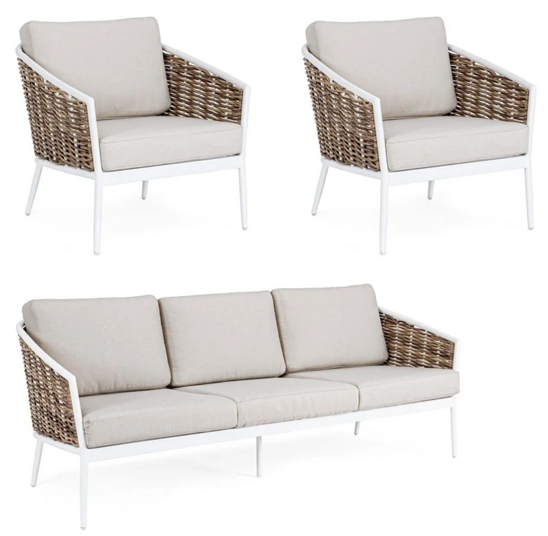 Casa Padrino Luxus Gartenmöbel Set Grau / Weiß / Braun - 1 Luxus Gartensofa & 2 Luxus Gartensessel - Garten Möbel - Terrassen Möbel - Hotel Möbel - Pool Möbel - Outdoor Möbel - Luxus Möbel