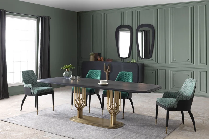 Casa Padrino Luxus Esszimmerstuhl 6er Set mit Armlehnen Grün Muster / Schwarz / Messing 55 x 59 x H. 88 cm - Esszimmer Möbel - Restaurant Möbel - Esszimmer Einrichtung - Luxus Möbel