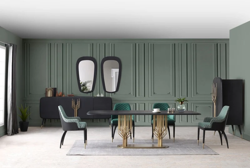 Casa Padrino Luxus Esszimmerstuhl 6er Set mit Armlehnen Grün Muster / Schwarz / Messing 55 x 59 x H. 88 cm - Esszimmer Möbel - Restaurant Möbel - Esszimmer Einrichtung - Luxus Möbel