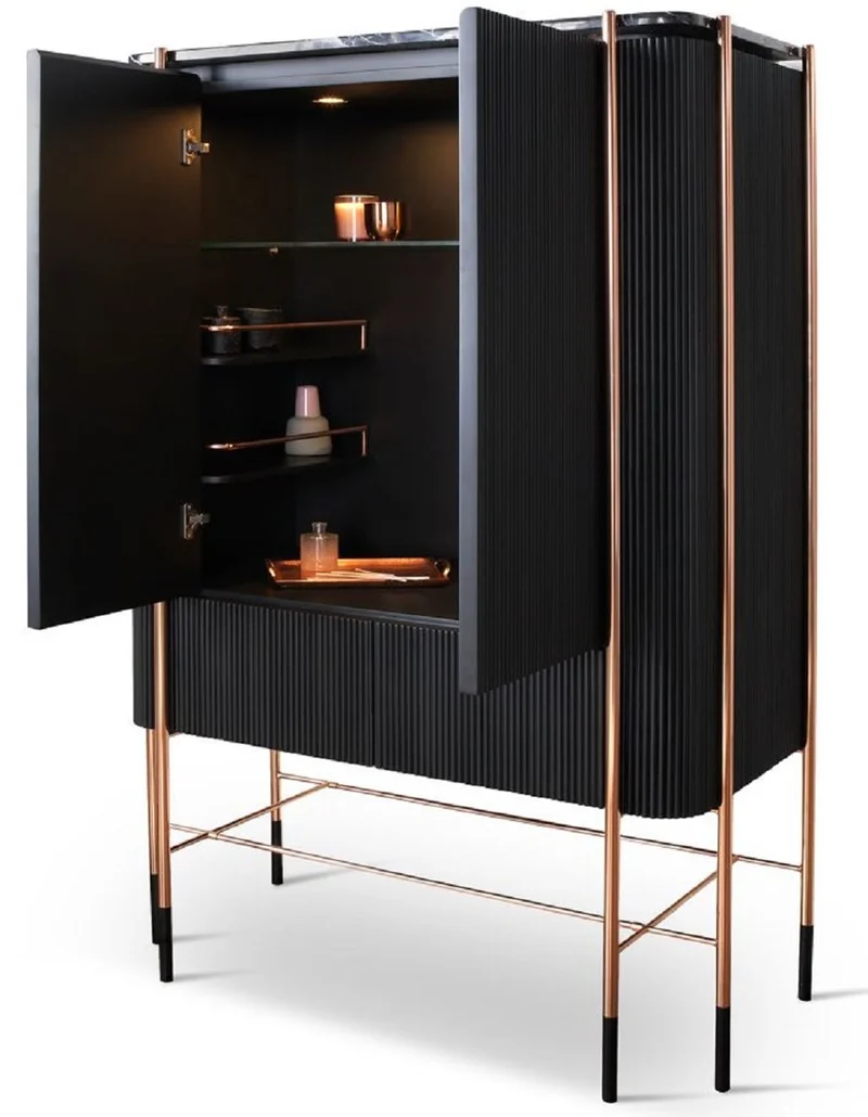 Casa Padrino Luxus Barschrank Schwarz / Matt Schwarz / Kupfer 104 x 52 x H. 150 cm - Beleuchteter Weinschrank mit 2 Türen - Wohnzimmer Möbel - Bar Möbel - Hotel Möbel - Luxus Kollektion