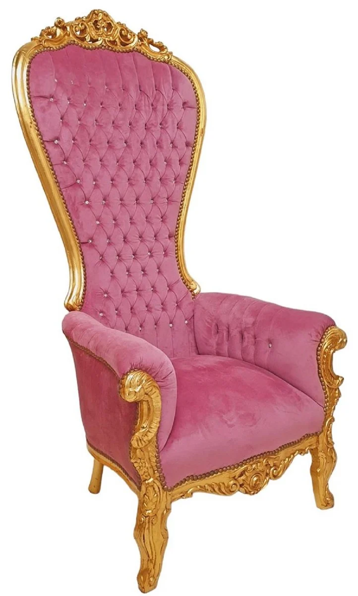Casa Padrino Barock Thron Sessel mit edlem Samtstoff und Glitzersteinen Rosa / Gold - Handgefertigter Königssessel im Barockstil - Prunkvoller Hochzeitssessel - Barock Riesensessel - Barock Möbel