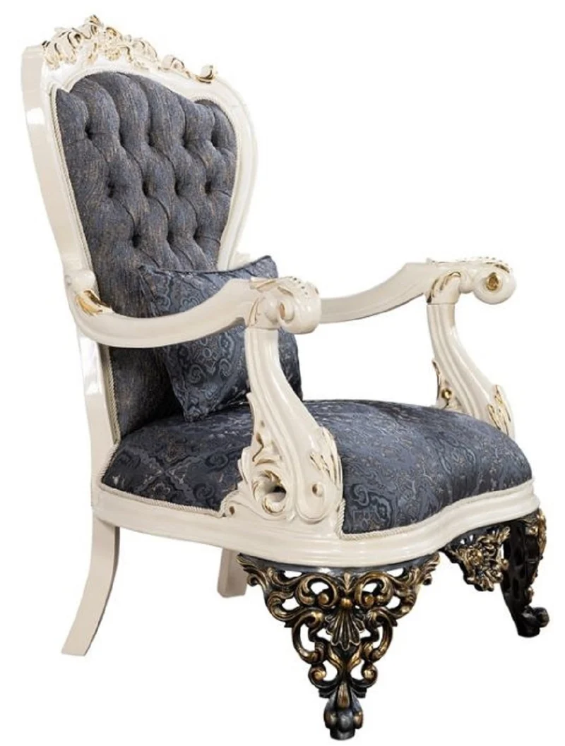 Casa Padrino Luxus Barock Sessel Blau / Weiß / Gold - Prunkvoller Wohnzimmer Sessel mit elegantem Muster - Luxus Wohnzimmer Möbel im Barockstil - Barock Möbel - Barock Einrichtung