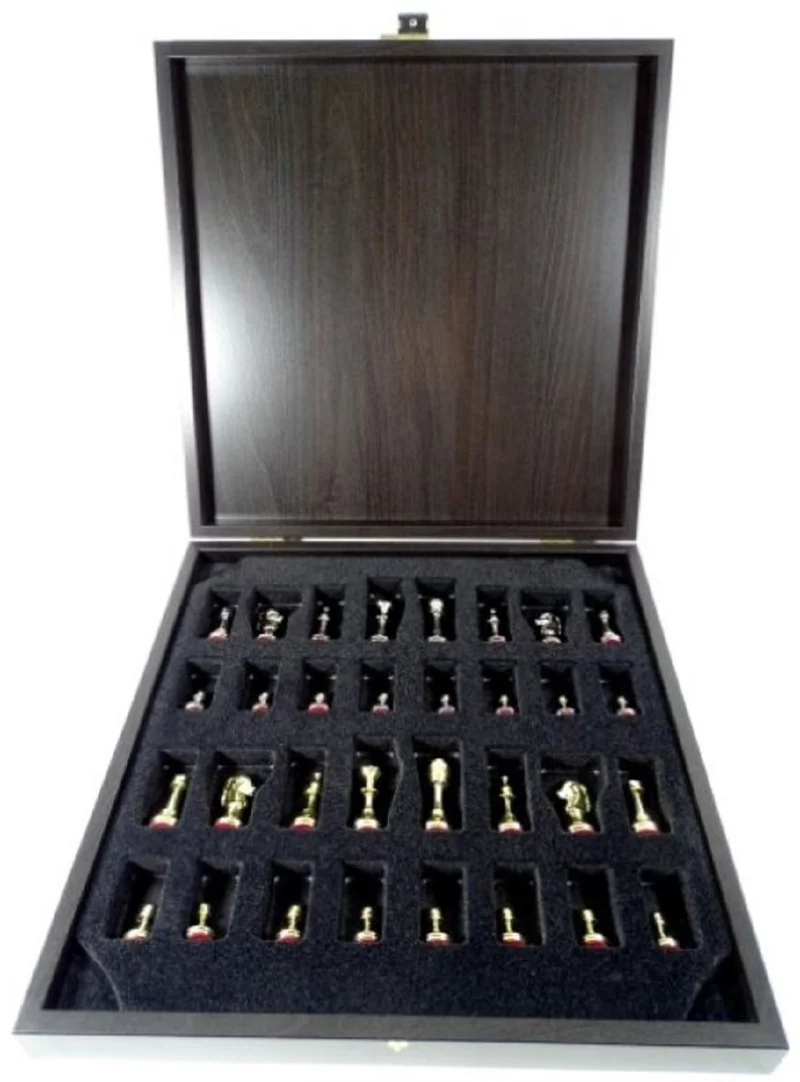Casa Padrino Luxus Schach Set Schwarz / Blau / Gold / Silber / Messing 36 x 36 cm - Modernes Schachspiel - Handbemaltes Messing Schachbrett mit Metall Schachfiguren - Luxus Deko Accessoires