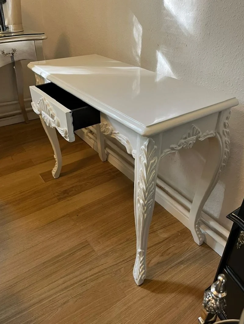 Casa Padrino Barock Konsole Weiß - Handgefertigter Konsolentisch mit Schublade - Massivholz Möbel im Barockstil - Barock Möbel - Edel & Prunkvoll