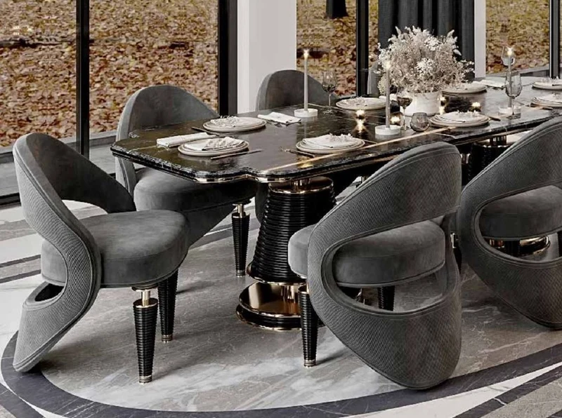 Casa Padrino Luxus Esszimmer Stuhl 8er Set Grau / Schwarz / Gold 57 x 60 x H. 85 cm - Esszimmer Möbel - Restaurant Möbel - Hotel Möbel - Luxus Möbel - Luxus Kollektion