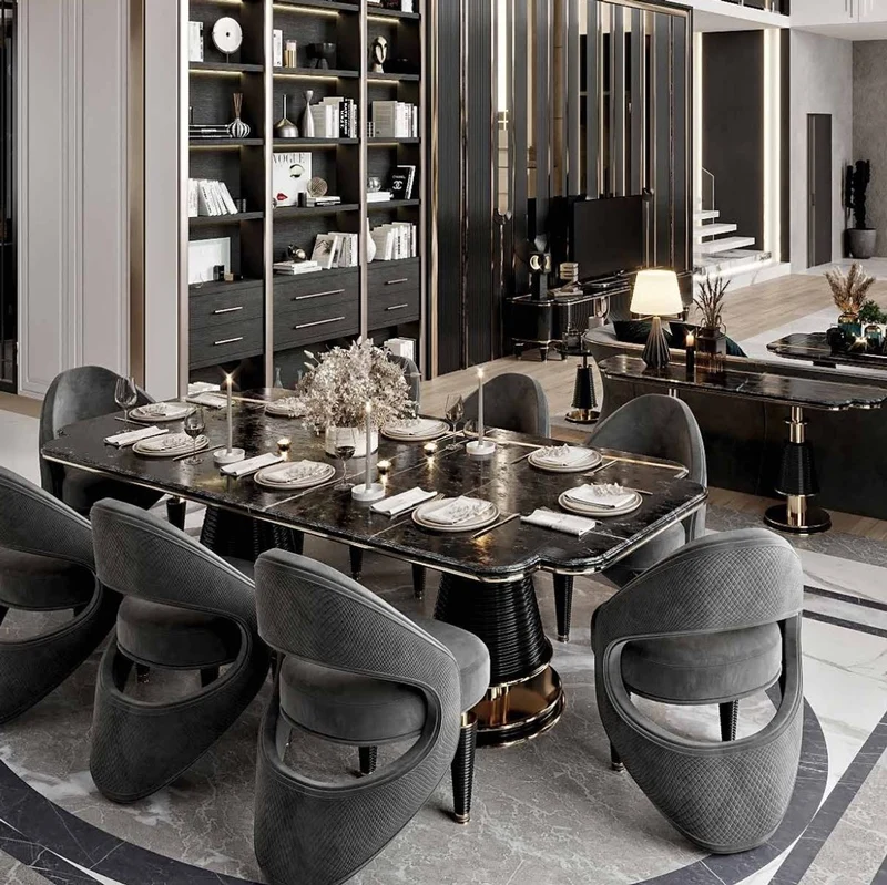 Casa Padrino Luxus Esszimmer Stuhl 8er Set Grau / Schwarz / Gold 57 x 60 x H. 85 cm - Esszimmer Möbel - Restaurant Möbel - Hotel Möbel - Luxus Möbel - Luxus Kollektion