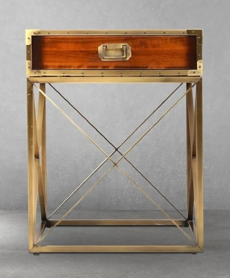 Casa Padrino Luxus Vintage Stil Beistelltisch Braun / Messing 55,5 x 55,5 x H. 72 cm - Quadratischer Nachttisch mit Schublade - Wohnzimmer Möbel - Schlafzimmer Möbel - Luxus Vintage Stil Möbel
