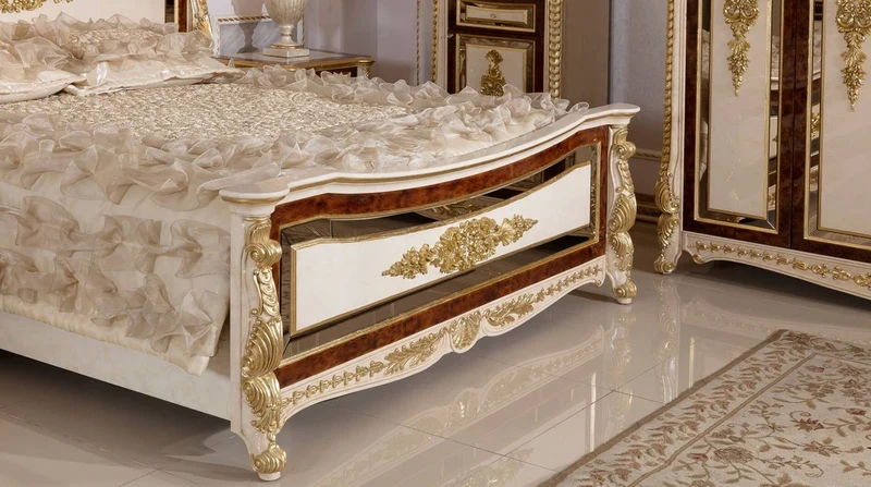 Casa Padrino Luxus Barock Doppelbett Weiß / Beige / Braun / Gold - Prunkvolles Massivholz Bett - Luxus Schlafzimmer Möbel im Barockstil - Barock Schlafzimmer Möbel - Barock Schlafzimmer Einrichtung