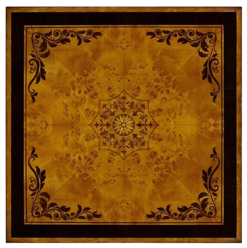 Casa Padrino Luxus Art Deco Beistelltisch Naturfarben / Braun Intarsien / Silber / Antik Messing 61 x 61 x H. 77 cm - Quadratischer Massivholz Tisch mit Schublade - Luxus Art Deco Wohnzimmer Möbel