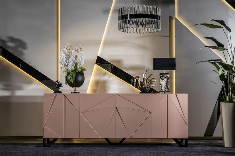Casa Padrino Luxus Designer Sideboard Rosa / Schwarz 220 x 50 x H. 88 cm - Massivholz Schrank mit 4 Türen - Esszimmer Möbel - Hotel Möbel - Designer Möbel - Luxus Möbel