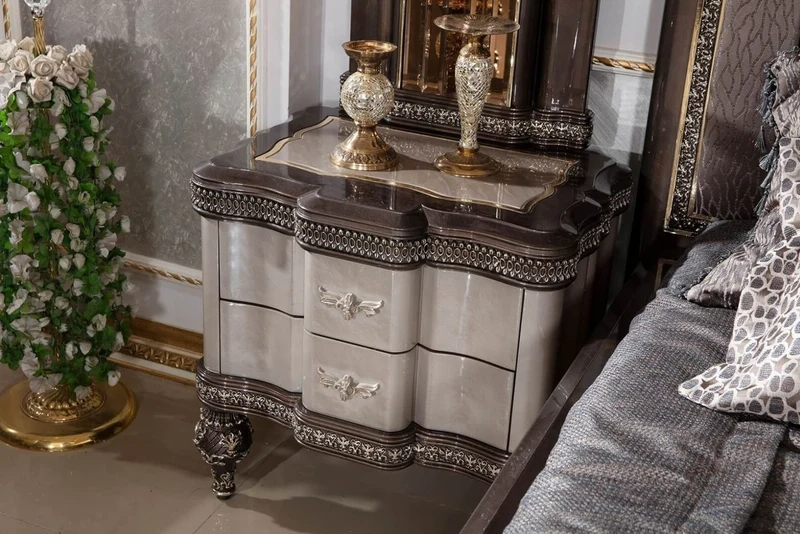 Casa Padrino Luxus Barock Nachtkommode Grau / Schwarz / Gold - Prunkvoller Barockstil Nachttisch mit 2 Schubladen - Luxus Schlafzimmer Möbel im Barockstil - Barock Möbel - Barock Interior