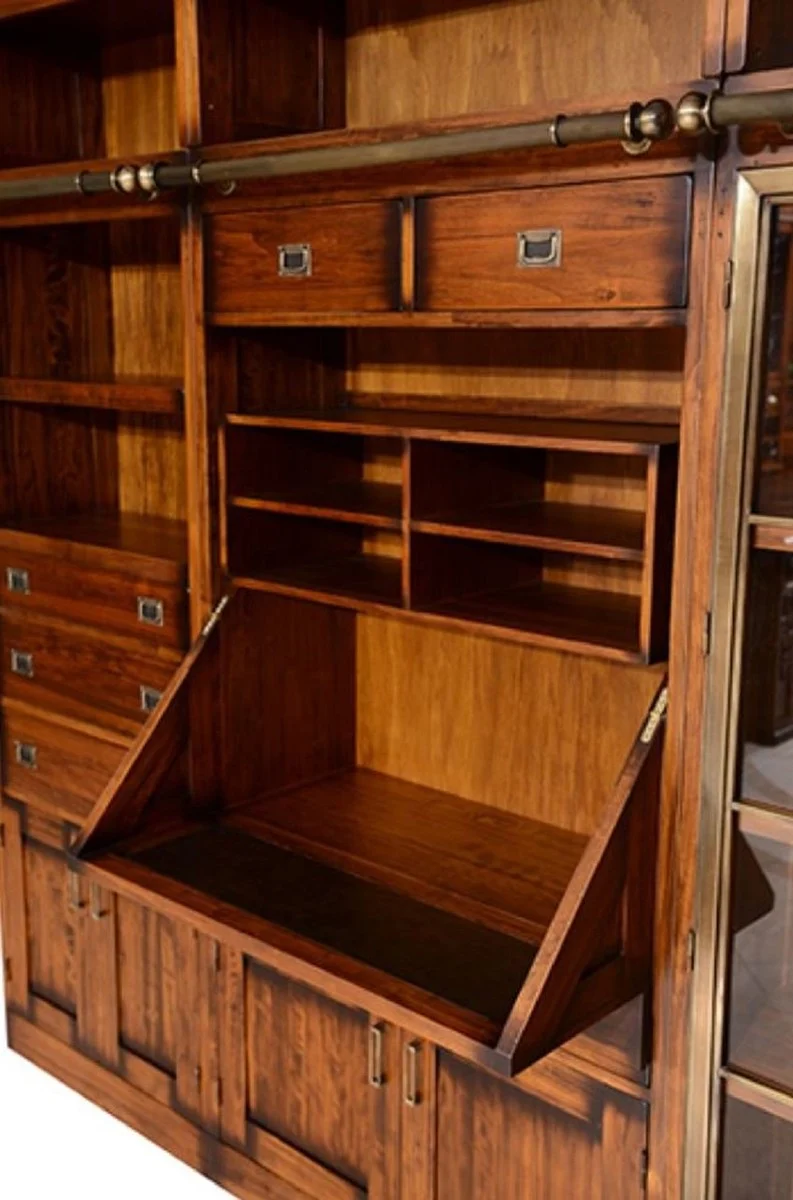 Casa Padrino Luxus Vintage Stil Bücherschrank mit Leiter Braun 331 x 34 x H. 256 cm - Massivholz Schrank - Regalschrank - Wohnzimmerschrank - Büroschrank - Luxus Massivholz Möbel - Büro Möbel
