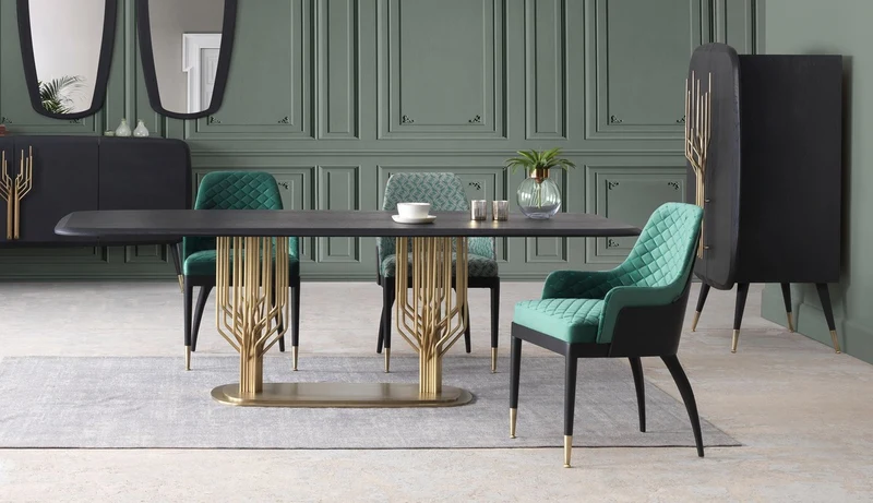 Casa Padrino Luxus Esszimmerstuhl 8er Set mit Armlehnen Grün Muster / Schwarz / Messing 55 x 59 x H. 88 cm - Esszimmer Möbel - Restaurant Möbel - Esszimmer Einrichtung - Luxus Möbel