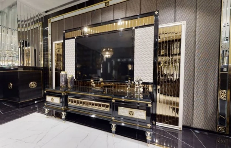 Casa Padrino Luxus Art Deco TV Schrank Schwarz / Weiß / Gold - Massivholz Sideboard mit 3 Schubladen - Art Deco Wohnzimmer Möbel - Luxus Wohnzimmer Möbel - Luxus Art Deco Einrichtung