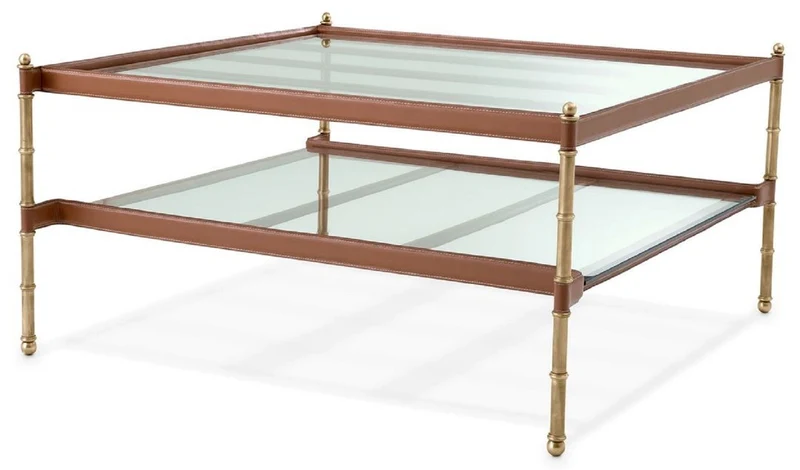 Casa Padrino Luxus Couchtisch Vintage Messing / Braun 89 x 87,5 x H. 44 cm - Wohnzimmertisch mit Glasplatten und Echtleder - Wohnzimmer Möbel - Hotel Möbel - Luxus Möbel - Luxus Einrichtung