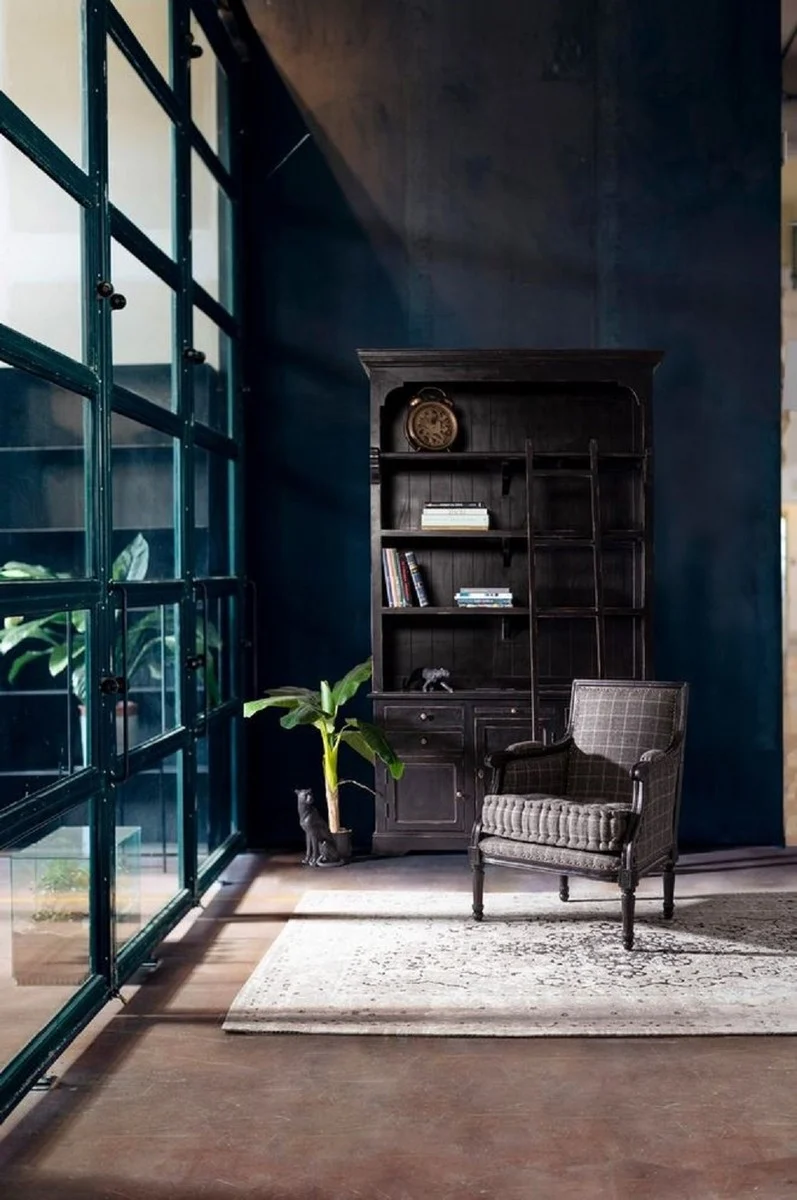 Casa Padrino Landhausstil Schrank mit Leiter Antik Schwarz 143,5 x 40,6 x H. 233,7 cm - Bücherschrank - Regalschrank - Wohnzimmerschrank - Büroschrank - Landhausstil Möbel