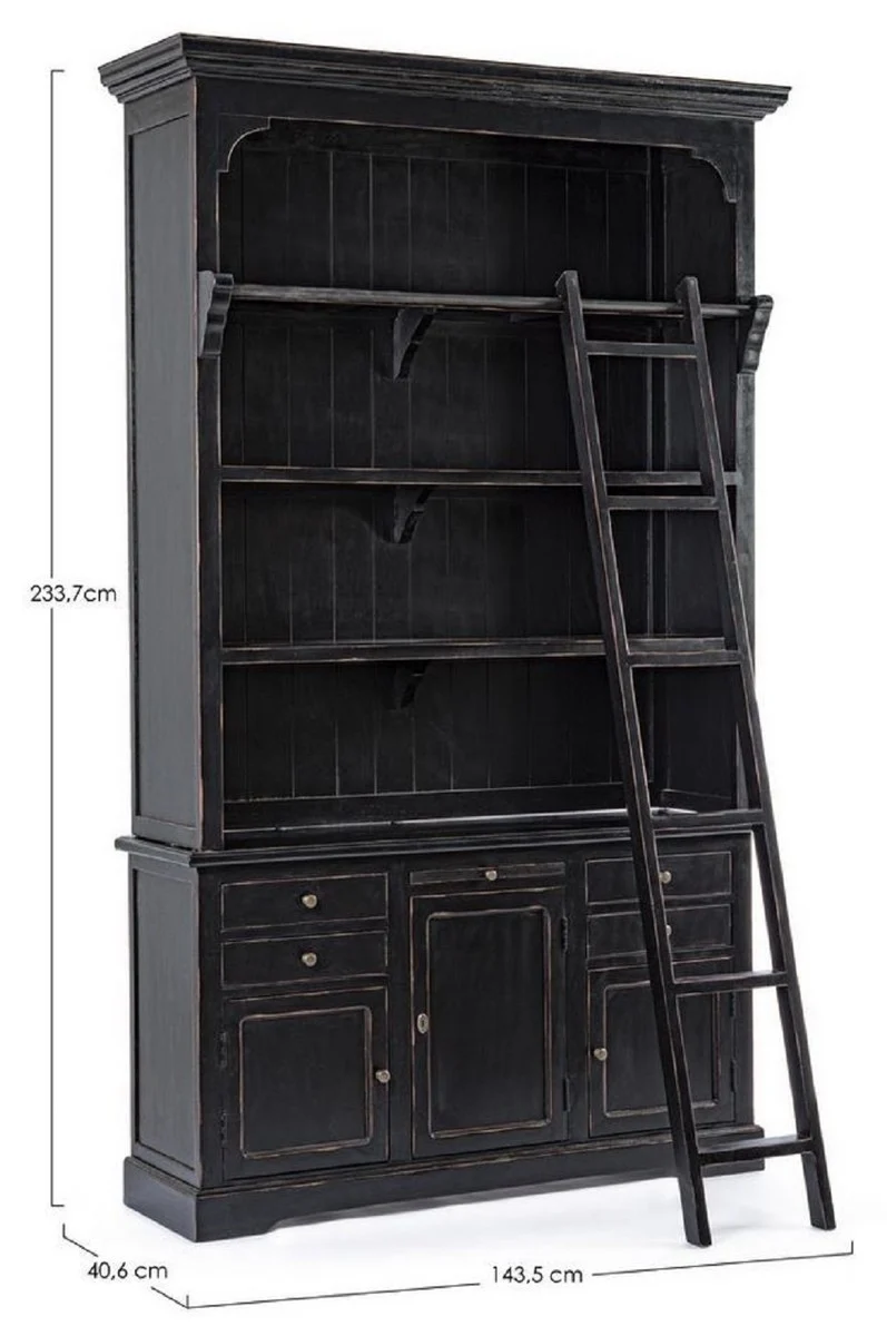 Casa Padrino Landhausstil Schrank mit Leiter Antik Schwarz 143,5 x 40,6 x H. 233,7 cm - Bücherschrank - Regalschrank - Wohnzimmerschrank - Büroschrank - Landhausstil Möbel