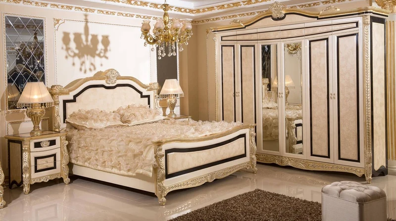 Casa Padrino Luxus Barock Schlafzimmer Set Weiß / Beige / Schwarz / Gold - 1 Barock Doppelbett mit Kopfteil & 2 Barock Nachtkommoden - Luxus Schlafzimmer Möbel im Barockstil - Barock Interior