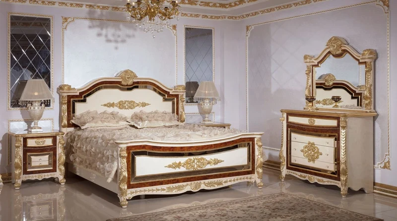 Casa Padrino Luxus Barock Schlafzimmer Set Weiß / Beige / Braun / Gold - 1 Barock Doppelbett mit Kopfteil & 2 Barock Nachtkommoden - Luxus Schlafzimmer Möbel im Barockstil - Barock Möbel