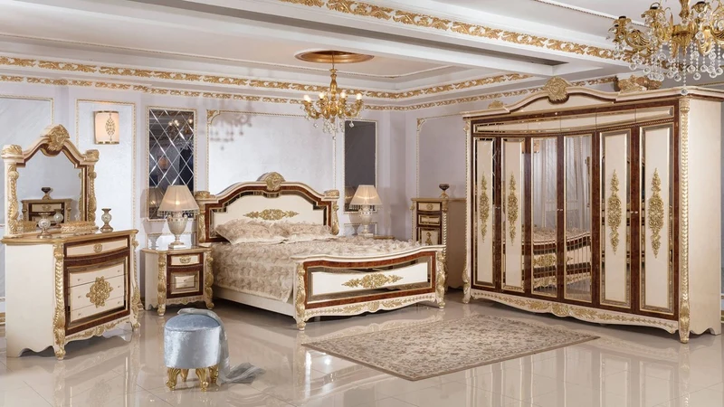 Casa Padrino Luxus Barock Schlafzimmer Set Weiß / Beige / Braun / Gold - 1 Barock Doppelbett mit Kopfteil & 2 Barock Nachtkommoden - Luxus Schlafzimmer Möbel im Barockstil - Barock Möbel